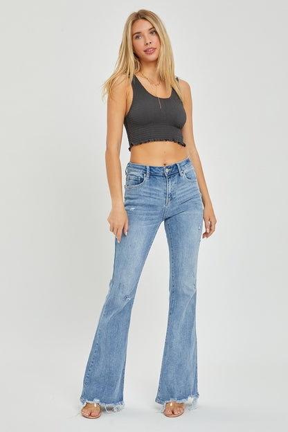 RISEN High Rise Frayed Hem Flare Jeans