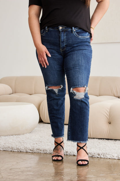 Tummy Control Distressed High Waist Raw Hem Jeans