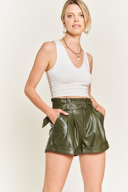 High Waist Belted Faux Leather Short