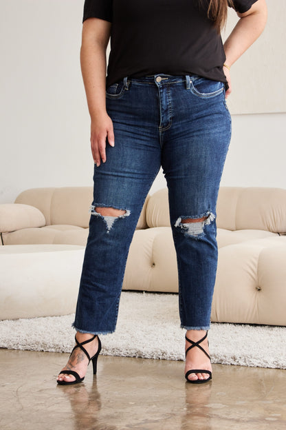 Tummy Control Distressed High Waist Raw Hem Jeans