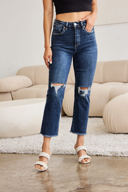 Tummy Control Distressed High Waist Raw Hem Jeans