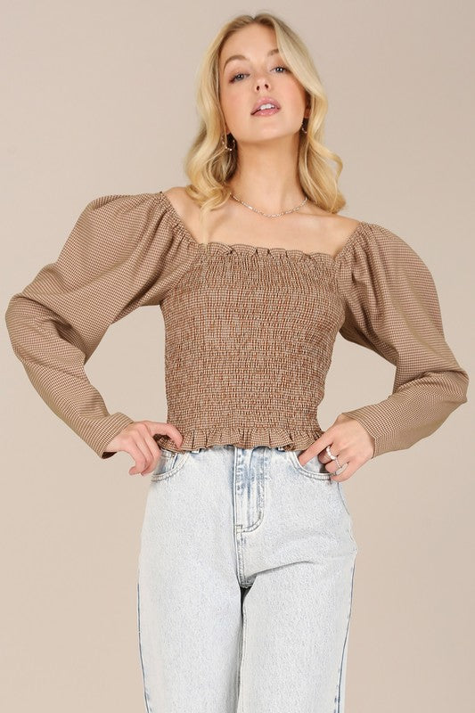 Long Sleeve Square Neck Smocking Top