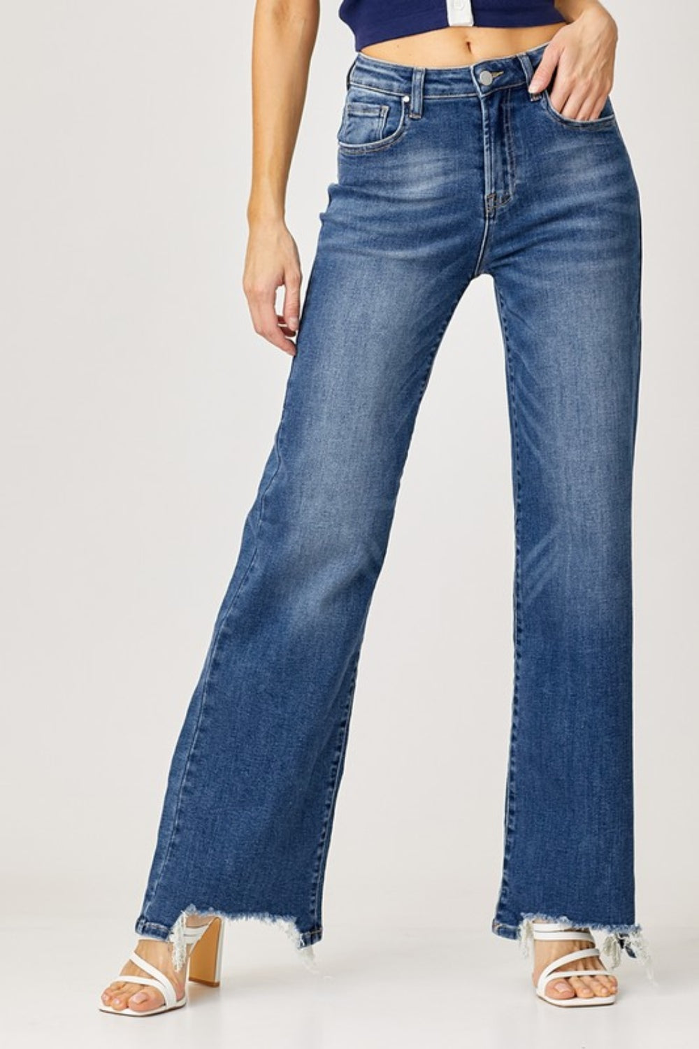 RISEN High Rise Frayed Hem Wide Leg Jeans