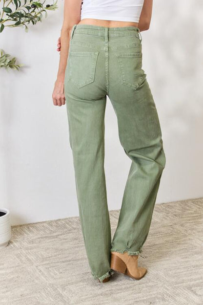 RISEN Green Raw Hem Wide Leg Jeans