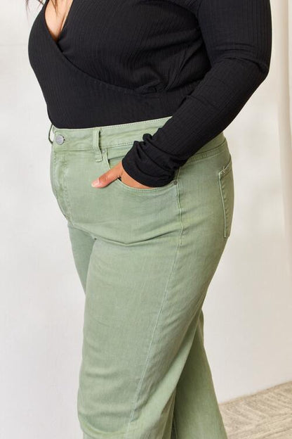 RISEN Green Raw Hem Wide Leg Jeans