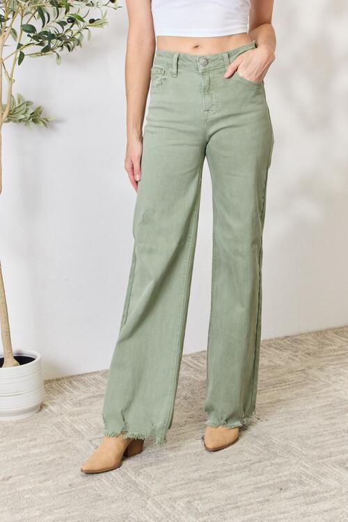 RISEN Green Raw Hem Wide Leg Jeans