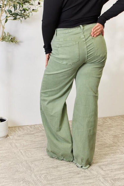 RISEN Green Raw Hem Wide Leg Jeans