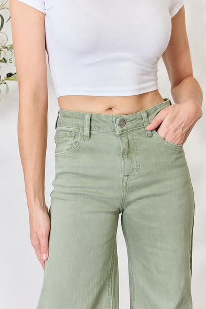 RISEN Green Raw Hem Wide Leg Jeans