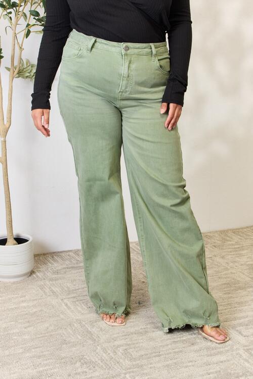 RISEN Green Raw Hem Wide Leg Jeans