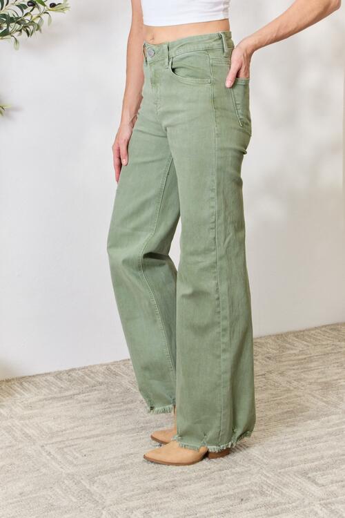 RISEN Green Raw Hem Wide Leg Jeans